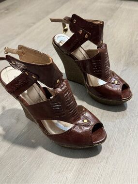 Qupid Brown Peep Toe Wedge Sandals with Ankle Strap